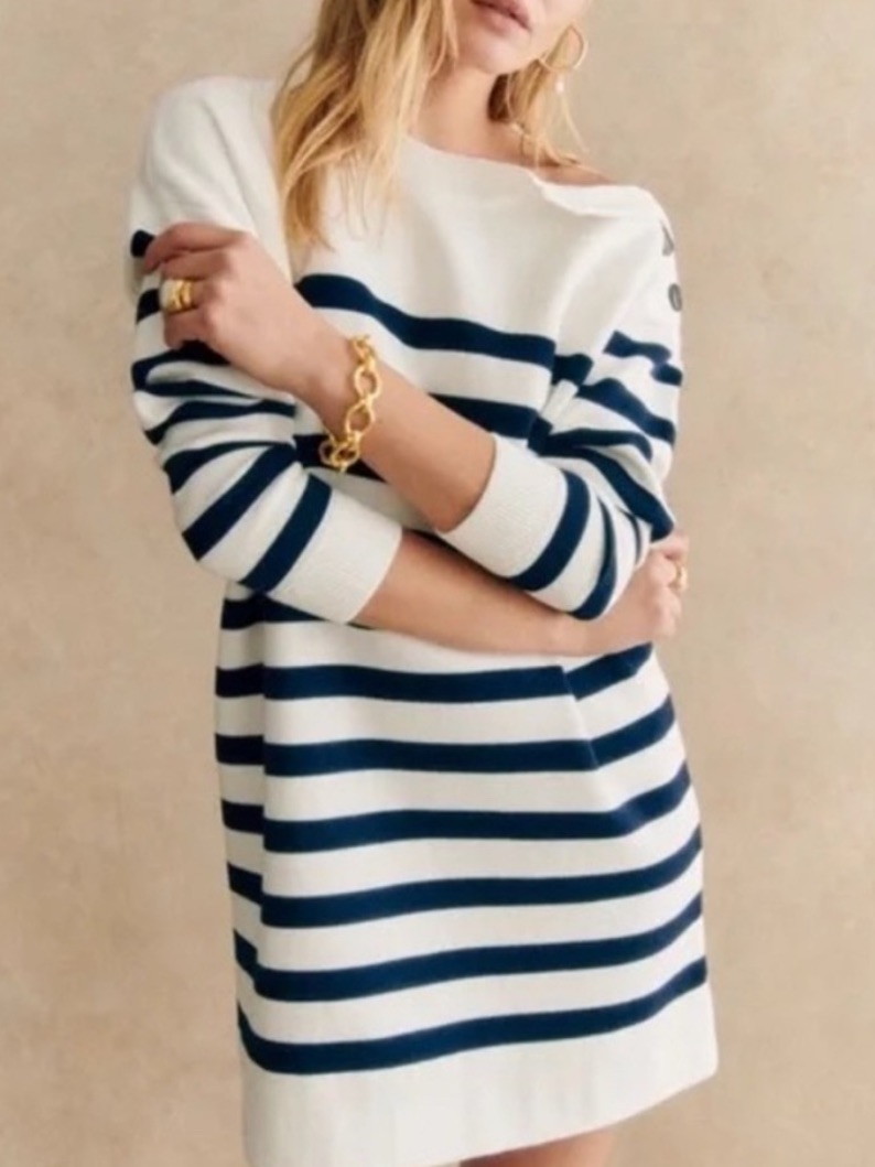 Sezane Briella Knit Mini Dress In Ecru Navy Stripe Sz S Like New Organic Cotton